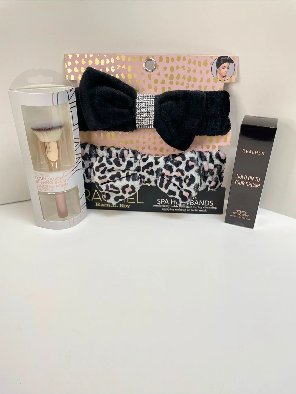 RACHEL Roy Black Bow & Pink Leopard Spa Headband Set-Makeup Brush Setting Spray